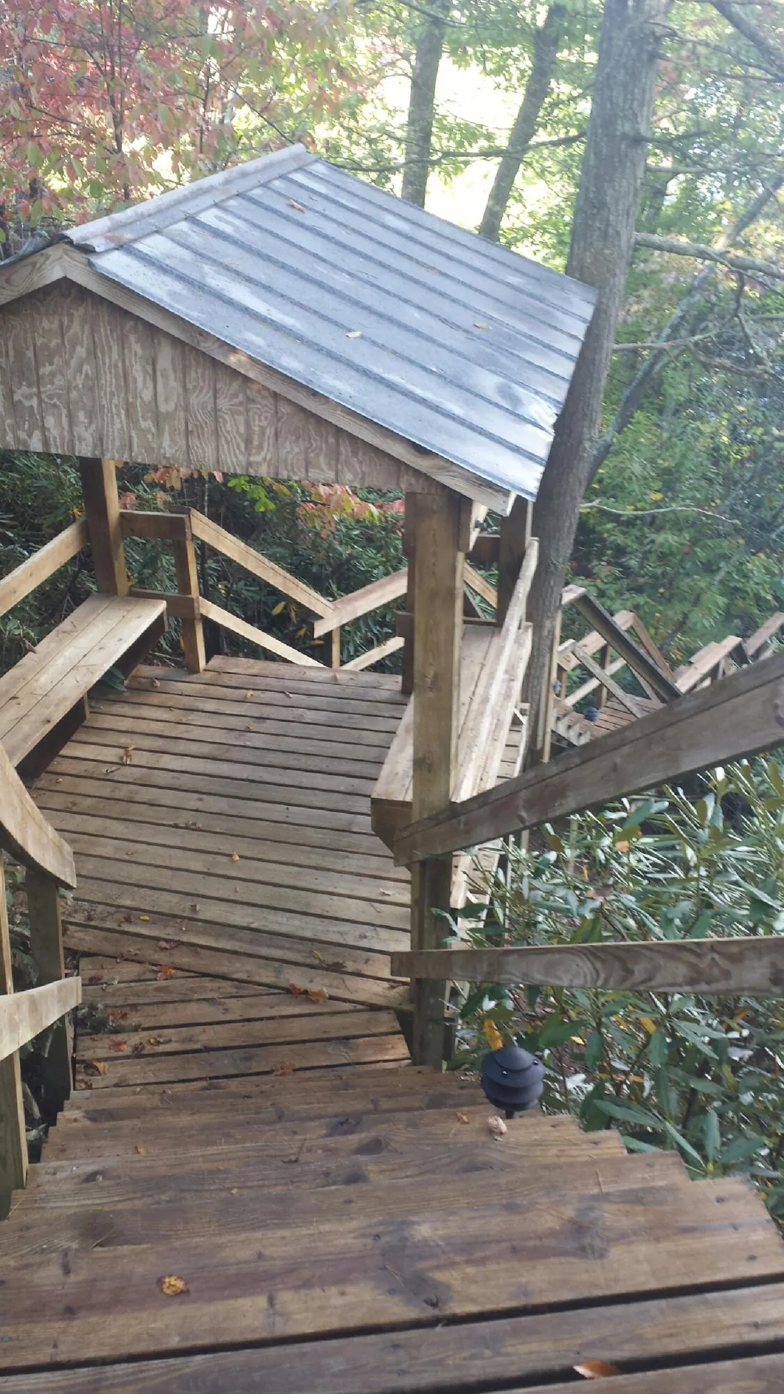 Metal roofed shelter over wooden steps on a wooded walkway — Skylight Repair & Installation work by our crew in Waterport